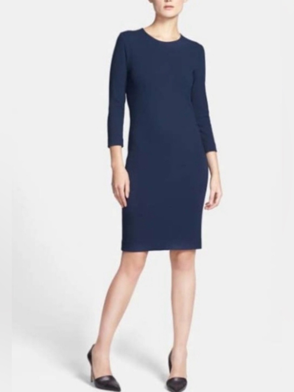 Vince Dark Navy Boucle Knit Viscose Zip Back 3/4 Sleeve Sheath Dress Sz S